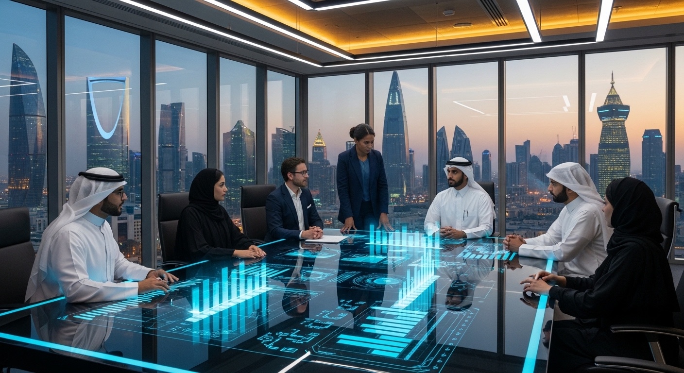 اجتماع استراتيجي لتسويق رقمي في مكتب مطل على الرياض